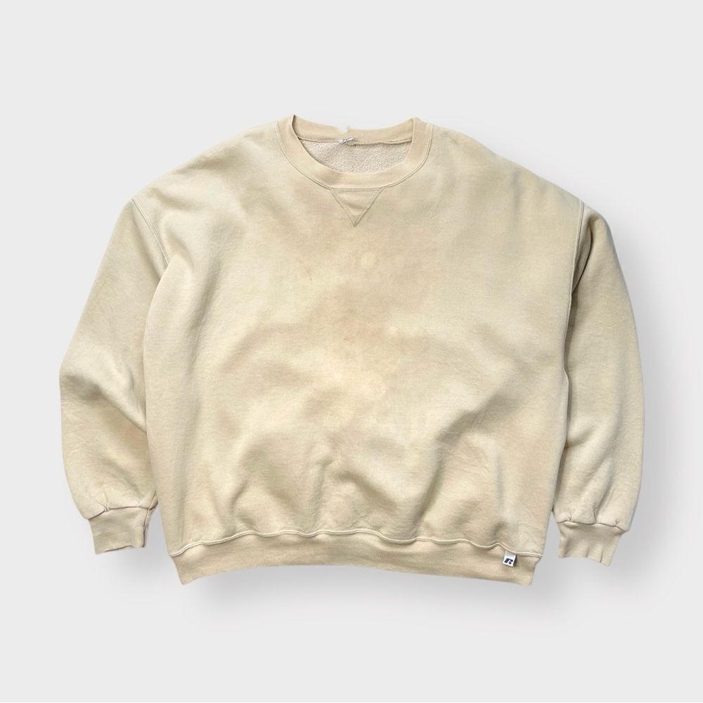 Vtg 90s Russell Athletic Crewneck Sweatshirt, 50/50 Beige Tan Camel Thrashed 2XL
